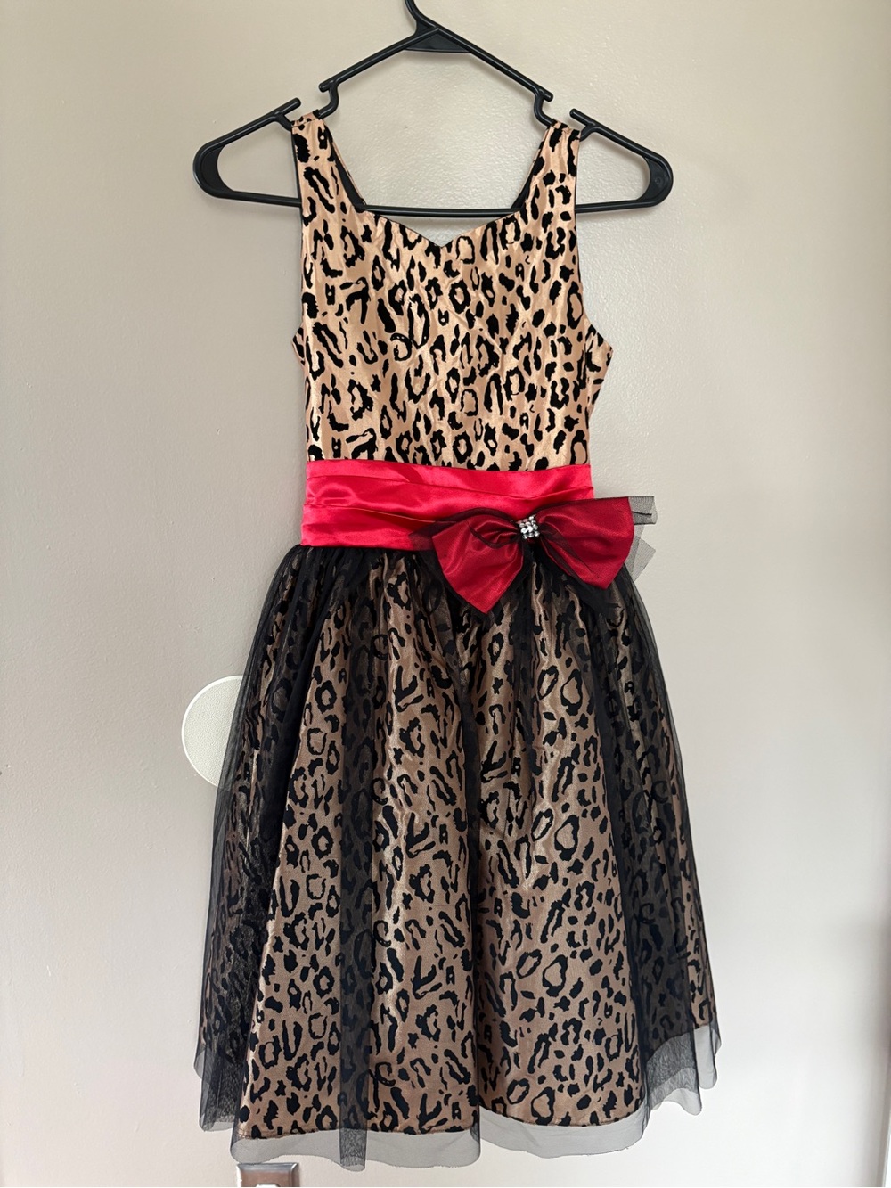 Girls Leopard Print Formal Dress with Red Satin Bow